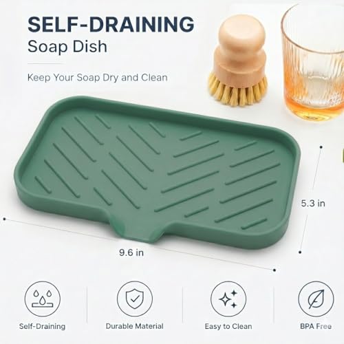 MicoYang Silicone Soap Dish with Drain Spout — Self-Draining Sink Organizer Tray for Bathroom & Kitchen, Sponges, Dispensers & Soap Holder, Non-Slip & Dishwasher Safe, Green (Medium, 9.6"×5.3") - color: Green, size: M(9.6"×5.3")