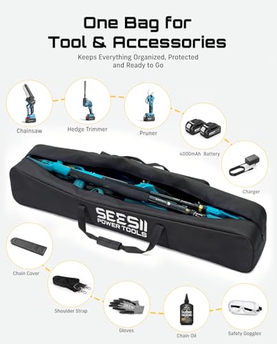 SEESII Universal 55-Inch Pole Storage Bag for Any Pole Tool | Compatible with 16FT Pole Saws, Pole Hedge Trimmers & Pruning Shears, Two Outside Pockets for Batteries, 600D Water-Resistant - color: Inky Black