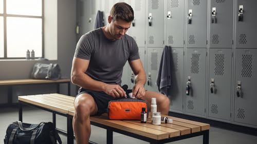 Small Travel Toiletry Bag for Men, Dopp Kit Mens, Zipper Pouch for Travel - color: Orange/Grey