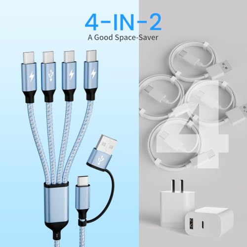USB C Splitter Multi Charging Cable,4 in 2 USB A/C to USBC Charging Cord | 5FT 4 in 2 Multi Charger Cord with 4 Type-C Connectors Compatible with iP16/15/Cell Phones Tablets, Ideal for Travel, Cruises - color: Blue, size: 1Pack5FT