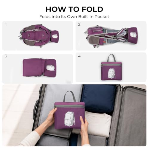 20L Small Hiking Backpack for Women Men, Lightweight Packable Daypack | Water-Resistant Fabric, Quick Access Pocket, Adjustable Strap, Foldable Day pack for Camping, Cycling, Travel (Purple) - color: Purple