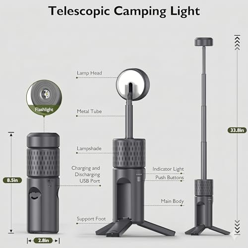 Telescopic Camping Lights,Rechargeable Camping Lantern | Portable Outdoor Tent Light,Hiking,Emergency,Fishing,Camping essentials,IP54 Waterproof（Gray） - color: Gray