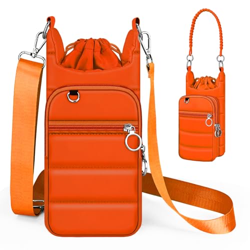 bvya Puffer Water Bottle Holder Quilted Sports Pouch Bag with Adjustable Shoulder Strap & Paracord Handle - color: Orange