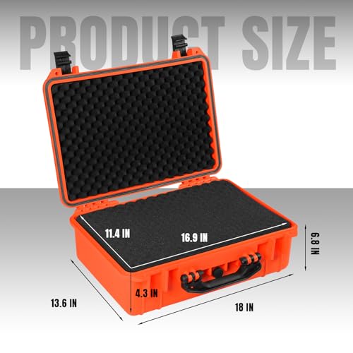 Jack Boss Waterproof Hard Camera Case with Pre-cut Foam,Orange | Portable Protective Hard Shell Case With Updated Plastic Material,Fit Drones,Camera,Equipments,18x13.6x6.8 Inch - color: ORANGE