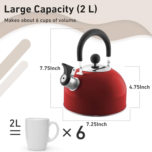 Lily's Home 2 Quart Stainless Steel Whistling Tea Kettle, the Perfect Stovetop Tea and Water Boilers for Your Home, Dorm, Condo or Apartment. Red - color: Red(2 Quarts)