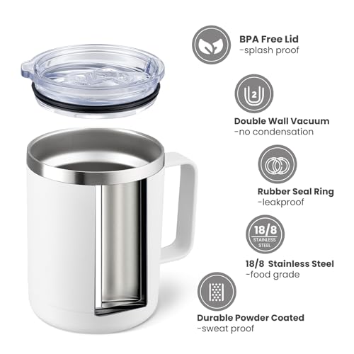 MEWAY 12oz Coffee Mug With Handle and Sliding Lid,Stainless Steel Travel Tumbler Cup with Handle,Double Wall Vacuum Insulated Camping Cup for Hot & Cold Drinks Tea (White, Set of 1 - color: White