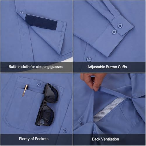 Ousafeve Men’s Fishing Shirts Long Sleeve Safari Button Down Shirts | Regular Fit, UPF 50+, Quick dry Cooling,Hiking, Safari, Travel Camping for Men - color: Light Blue, size: 3X-Large