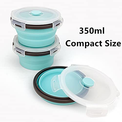 CCyanzi 3piece Round Collapsible Bowl with Lids, Silicone Food Storage Containers, Microwave & Freezer Safe, Space Saving for Kitchen Cabinet and Camping Backpack,(Blue Gray) - color: blue with gray