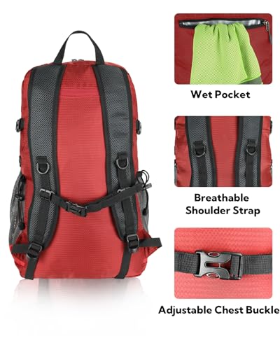 WATERFLY Lightweight Packable Hiking Backpack, 30L Day Pack Red | Foldable, Water Resistant Travel Daypack with Multiple Pockets, Wet Pocket, Ultralight Day Pack for Woman Man, Everyday Carry - color: Red
