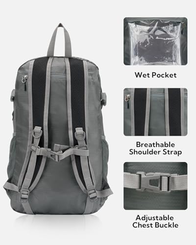 WATERFLY Lightweight Packable Hiking Backpack, 30L Day Pack Grey | Foldable, Water Resistant Travel Daypack with Multiple Pockets, Wet Pocket, Ultralight Day Pack for Woman Man, Everyday Carry - color: Grey