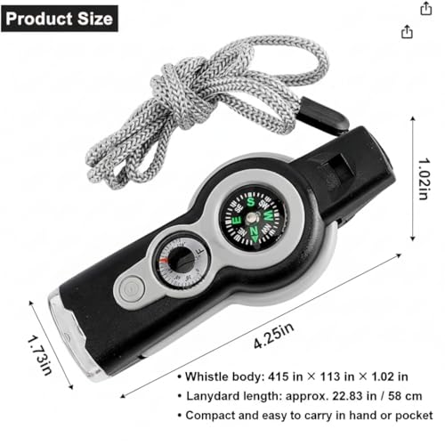 Emergency Whistle 7-in-1, Survival Whistle with Compass, Thermometer, LED Light, Magnifier, Mirror & Storage for Hiking, Camping, Fishing, Kayaking