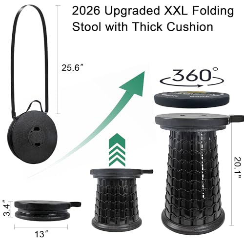 ALEVMOOM Upgrade XXL Collapsilbe Stool with Cushion, H 20.1“, D 13” Heavy Duty Load Capacity 1000lbs, Portable Retractable Telescoping Folding Stool for Camping Hiking Fishing Outdoor - color: Black