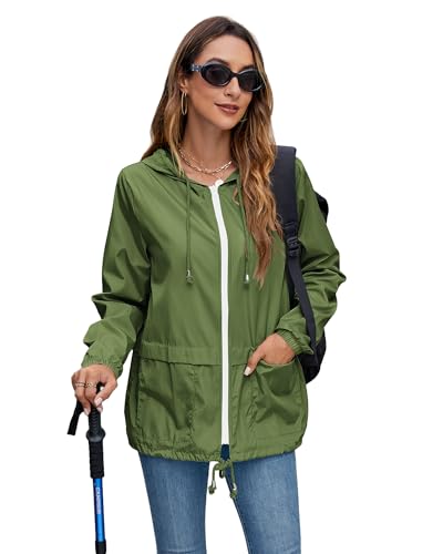 Hount Women Rain Jacket Lightweight Waterproof Packable Raincoat with Hood - color: Army Green, size: X-Large