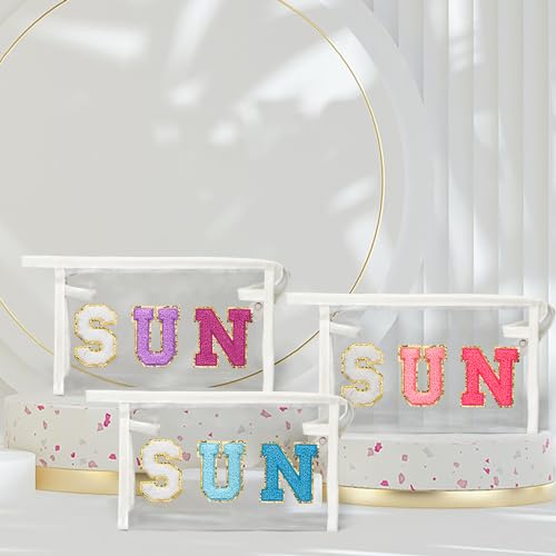 Y1tvei Clear SUN Makeup Bag - Preppy Rose Red SUN Chenille Varsity Letter Cosmetic Bag PVC Transparent Zipper Waterproof Beach Makeup Carry Pouch Portable Travel Toiletry Organizer for Women(White) - color: Rose red SUN White