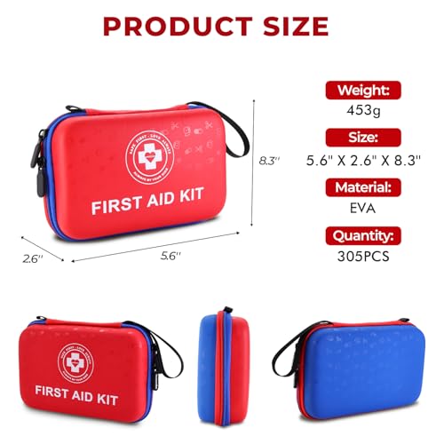 Premium First Aid Kit - 305 Piece Dual-Color Emergency Kit with Hard Shell & Fluorescent Interior Coating, Compact Survival Kit for Home, Car, Travel, Hiking & Outdoor(Red/Blue) - color: Red/Blue