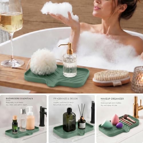 MicoYang Silicone Soap Dish with Drain Spout — Self-Draining Sink Organizer Tray for Bathroom & Kitchen, Sponges, Dispensers & Soap Holder, Non-Slip & Dishwasher Safe, Green (Medium, 9.6"×5.3") - color: Green, size: M(9.6"×5.3")