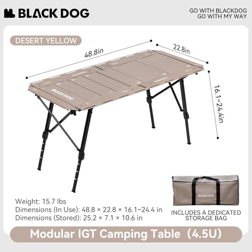 BLACKDOG IGT Camping Table, Portable 4.5U Folding Camp Table | Adjustable Height 16"-24"，IGT Modular System Compatibility，7 Expandable Plates, Aluminum，with Carry Bag，48.8" L x 22.8" W - color: Desert Sand