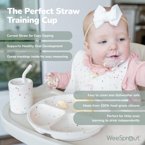 WeeSprout Baby Led Weaning Bundle, Silicone Suction Bowl, Spoons, Bib & Cup, Develops Self Feeding Skills, Dishwasher Safe (Confetti) - color: Confetti