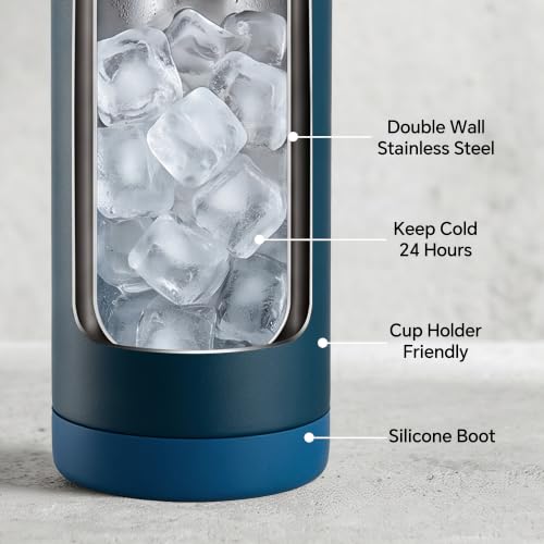 Fijinhom 18 oz Insulated Water Bottle with 2 Lids, Stainless Steel Water Bottles, Double Wall Vacuum, Portable Handle & Non-slip Bottom, BPA Free Leak Proof Metal Bottles, Keep Cold 24H, Dark Blue - color: Dark Blue, size: 18 Ounces