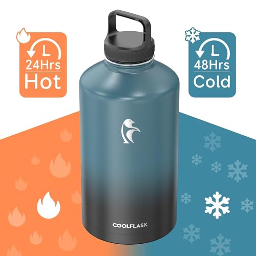 Coolflask 128 oz Gallon Water Bottle Insulated with Straw & 3 Leakproof Lid | Large Water Jug Stainless Steel Triple-Wall, Cold 48+h/Hot 24+h, Dishwasher Safe, BPA-Free, for Outdoor Gym & Hiking - color: Samurai Cyan, size: 128 Ounces