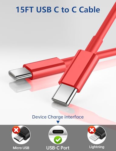 15FT USB C to USB C Cable, Long 60W USBC to USBC Cord Fast Charging | Extra Long Type C to Type C Cable for iPhone 17 16 15 Pro Plus Pro Max,Galaxy S26/S25/S24,iPad Pro/Air,MacBook Pro/Air, Red - color: Red, size: 15ft