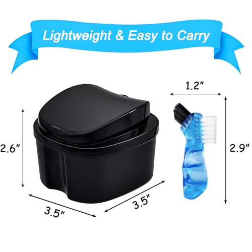 2 Pack Travel Denture Bath Case Set Orthodontic Dental Box Case with Brush, Denture Soaking Cup False Teeth Retainer Container for Clear Braces, Mouth Guard, Night Guard - color: Black & Purple
