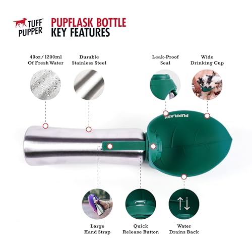 PupFlask Large Dog Water Bottle, Portable Stainless Steel Travel Bowl - color: Quetzal Green, size: 40 Ounce