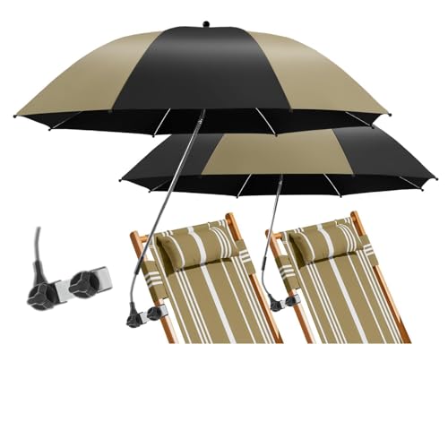 2 Pack Beach Umbrella with 360 Universal Clamp, UPF50+ Umbrella Outdoor Patio Sun Protection for Chairs, Beach &Patio Use (Not Include Chair) - color: Khaki and Black