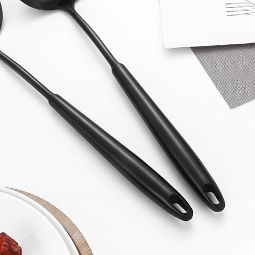304 Stainless Steel Cooking Utensils,6 Pcs Kitchen Cooking Utensils Set with Spatula, Solid Spoon, Ladle, Skimmer, Spaghetti Spoon,Dishwasher Safe(Black) - color: Black, size: 6 PCS
