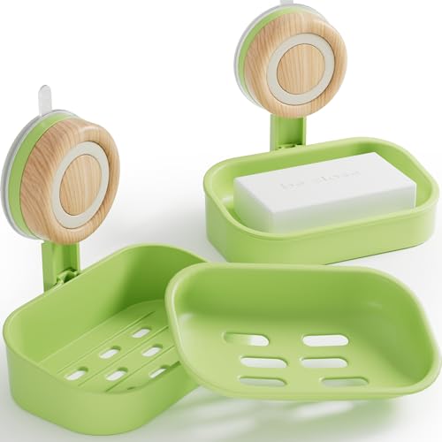 Double Layer Soap Dish for Shower 2 Pack, Wall Mounted Bar Soap Holder Suction Cup 2 Layer Self Draining Soap Case Sponge Holder for Shower Bathroom, Tub and Kitchen Sink, Green - color: Green