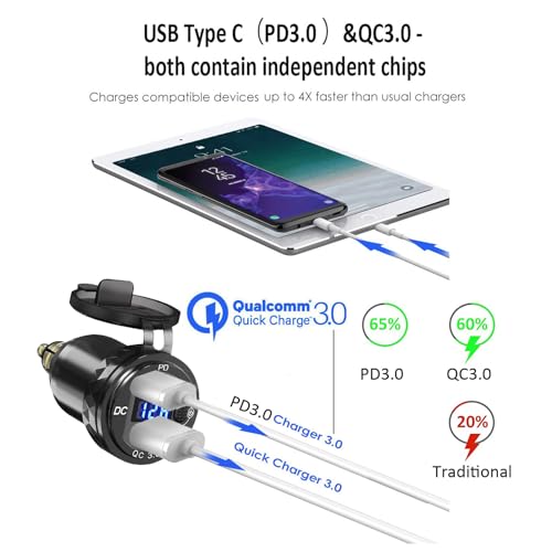 Motorcycle DIN/Hella USB Charger (NOT for Car Cigarette Socket), 36W PD3.0 & 18W QC3.0 Power Adapter with Switch, Voltmeter, Waterproof USB-C & USB-A Plug for BMW Ducati Triumph