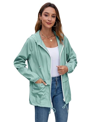 Hount Women Rain Jacket Lightweight Waterproof Packable Raincoat with Hood - color: Light Green, size: XX-Large