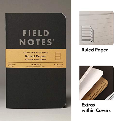 Field Notes 2-Pack Pitch Black Notebooks (4.75" X 7.5"), Ruled, 64 Pages | Thin Pocket Sized EDC Notebook With 90 GSM Paper & Paperback Cover | Work Notebooks For Note Taking | Made in the USA - size: Large Size (4.75" x 7.5") 2-Pack - Ruled Paper