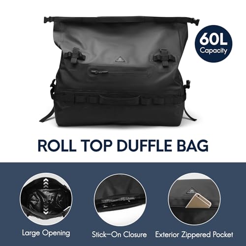Haimont IPX7 Waterproof Roll-Top Dry Duffel Backpack | 60L/90L Sizes, 500D Tarpaulin, Welded Seams, Mesh Pockets, Boating & Kayaking - color: Black, size: 60L