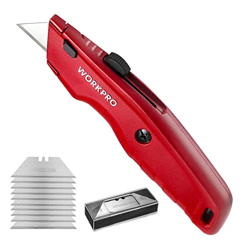 WORKPRO Premium Utility Knife, Retractable All Metal Heavy Duty Box Cutter, Quick Change Blade Razor Knife, with 10 Extra Blades - color: Red