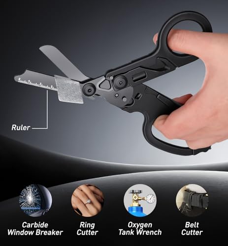 6-in-1 Trauma Shears Foldable Kit, Heavy Duty Emergency Tools with Glass Breaker Seatbelt Cutter and Holster, Multipurpose Scissors for Car Safety, EDC, Medical, First Aid - Electroplated Black