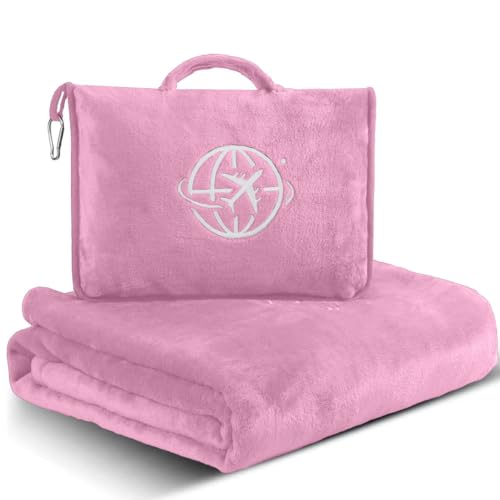 2-in-1 Travel Blanket and Pillow – Lightweight, Compact, Ultra Soft, Machine Washable – Handle, Luggage Sleeve, Backpack Clip – for Trave Airplane, Car, Office (light pink) - color: Light Pink