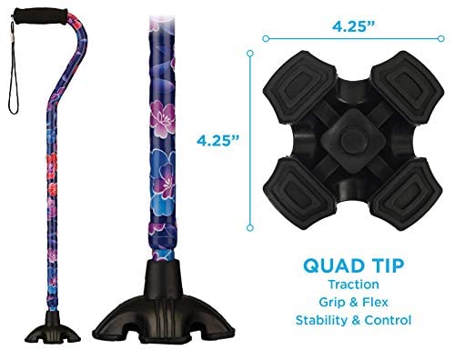 Nova Joy Designer Offset Quad Cane for Seniors - Unisex Adjustable Lightweight Walking Aid with Foam Handle, Wrist Strap and Anti-Rattle Lock - Essential Mobility Support - Maui Flowers - color: Maui Flowers