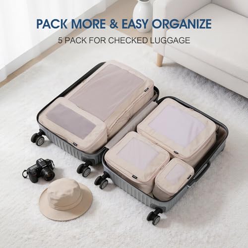 Compression Packing Cubes - Travel Organizer Bags for Suitcases and Luggage, Eco-Friendly Fabric (5-Pack) (Beige) - color: Beige