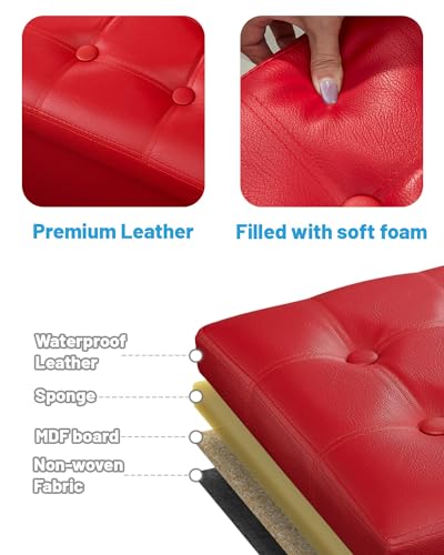 AmasSmile Ottoman with Storage,17" Folding Leather Foot Rest Chest,Red - color: Red 1 Pack, size: 17"*13"*13"inch