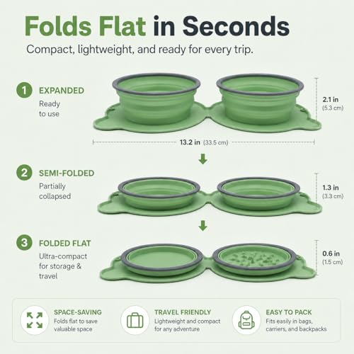 Collapsible Dog Bowls, 2-in-1 Silicone Pet Food and Water Bowl with Carabiner - Portable Double Compartment Travel Dish for Dogs, Ideal for Camping, Hiking, Car Rides, Puppy Essentials(Green) - color: Green