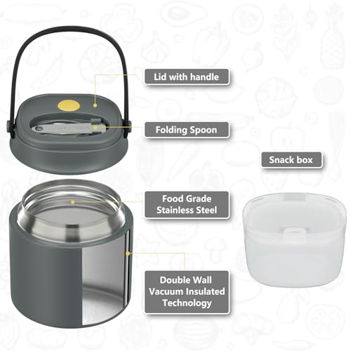 2 - in - 1 Soup Thermo for Hot Food 14oz with Snack Box Container Leak Proof Insulated Lunch Container Kids and Adults Stainless Steel Double Wall Vacuum Wide-mouth Thermal with Spoon and Handle - color: Gray, size: 14oz