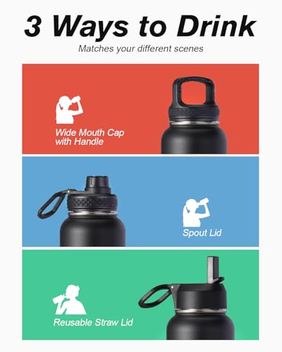 Coolflask 32 oz Water Bottle Insulated with Straw & 3 Leakproof Lids - color: Magic Black, size: 32 Ounces