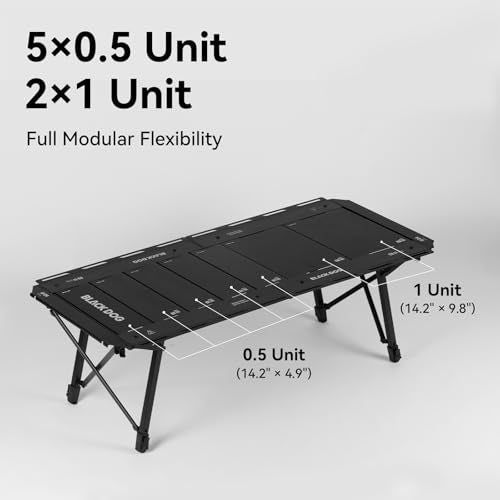 BLACKDOG Modular IGT Camping Table with Center-Folding Design, 4.5 Unit Aluminum Outdoor Kitchen Table, Adjustable Height 16"-24", Portable Folding Camp Table with Side Rails & 7 Expandable Plates - color: Midnight Black