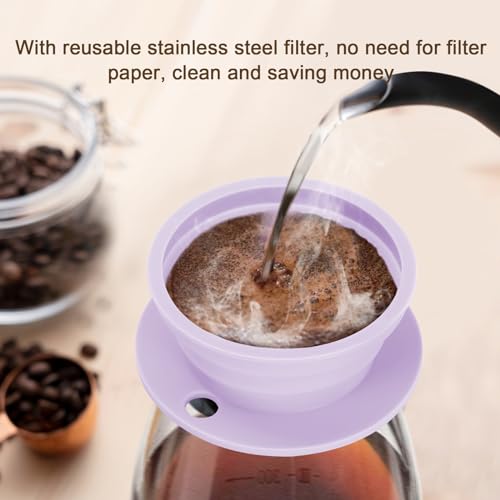 Collapsible Paperless Pour Over Coffee Maker with Stainless Steel Mesh Filter, Silicone Camping Coffee Maker Pour Over for 1~2 Cup, Reusable Collapsible Travel Pour Over Coffee Dripper (Purple) - color: Purple