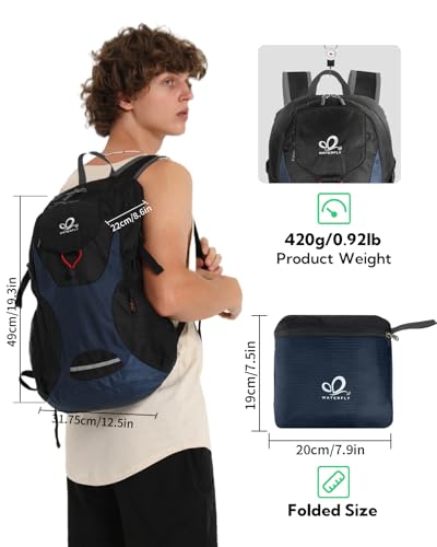 WATERFLY Lightweight Packable Hiking Backpack, 30L Day Pack | Foldable, Water Resistant Travel Daypack with Multiple Pockets, Wet Pocket, Ultralight Day Pack for Woman Man, Everyday Carry - color: Blue & Black