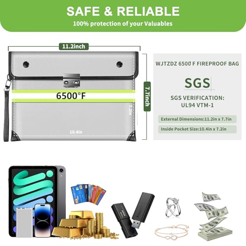 6500°F Fireproof Document Bag with Lock,Upgraded Fireproof/Waterproof Money Bag with Zipper/Reflective Strip,Storage Pouch for A5 Letter Size Document,Cash,Cell Phone,Passport（Not Fit A4 Files） - color: Light Silver, size: Medium Size