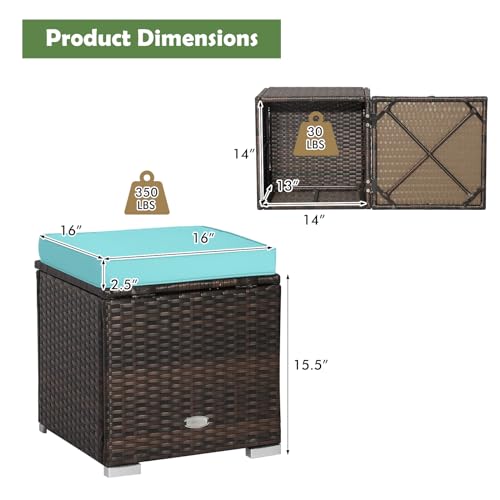 HAPPYGRILL 2PCS Patio Ottoman Set Outdoor Wicker Stool with Storage, Rattan Footrest Ottoman with Solid Metal Frame and Cushion for Backyard Poolside Garden Balcony - color: Turquoise