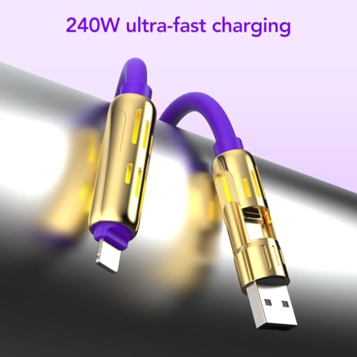 MFish 2-Pack 240W 4-in-1 Multi Charging Cable, Grey+Purple, 6.6FT | Carrying Case, USB-A & USB-C to USB-C/Lightning, For iPhone 17/16/15/14, MacBook, iPad, Laptop, Samsung S25/S24 - color: Grey+Purple, size: 2-Pack 6.6FT