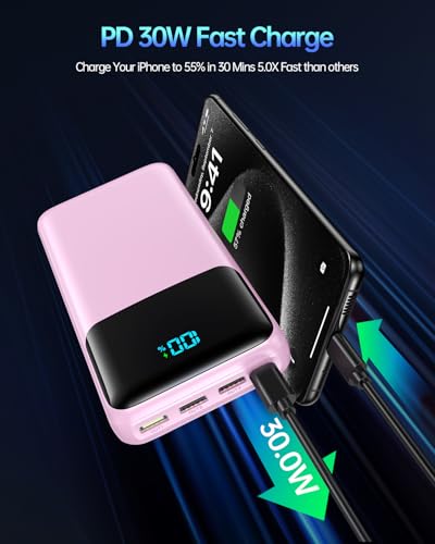 Portable Charger Power Bank 50000mAh, PD 30W and QC 4.0 Fast Charging - color: Pink
